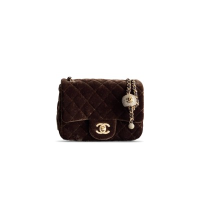 CHANEL MINI FLAP BAG VELVET, DIAMANT & GOLD-TONE METAL COFFEE BROWN AS1786 (18*13*7cm)